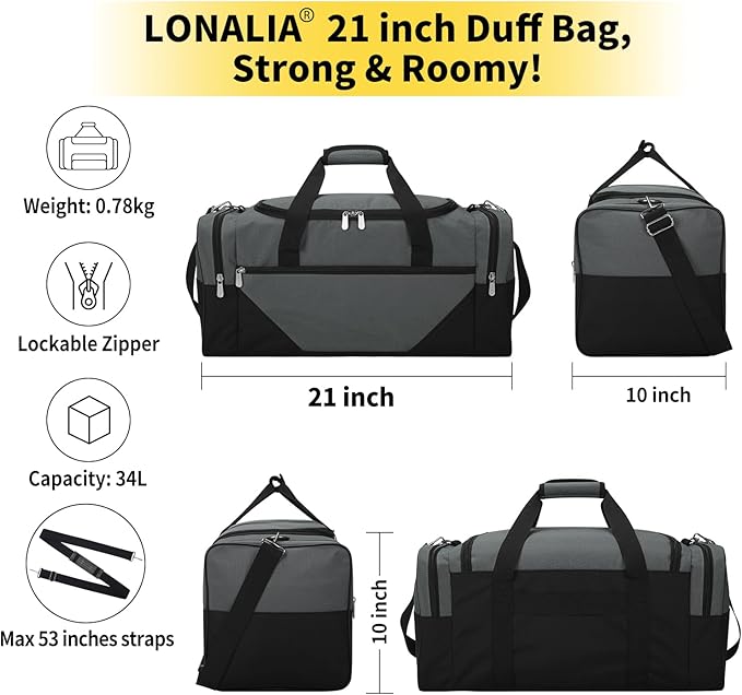 Gym Bag Sport Duffle Bag for Men - 21 in Weekender Travel Bag with Trolley Sleeve (Gray)