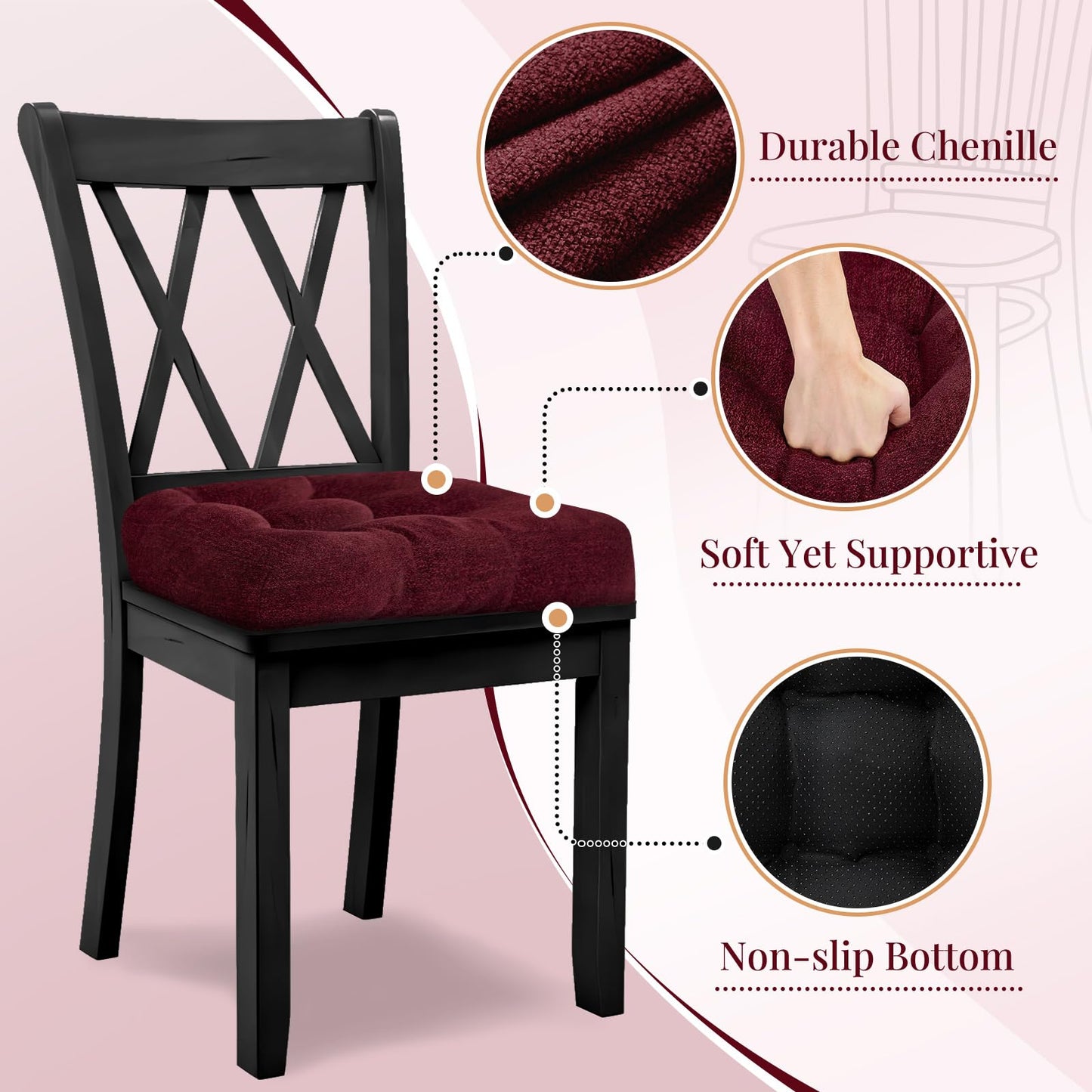 Basic Beyond Chair Cushions for Dining Chairs, Non-Slip Chair Pads, Thick Seat Cushions for Dining Room Chairs, Kitchen Chair Cushions Set of 4, 17" x 17" x 4", Burgundy