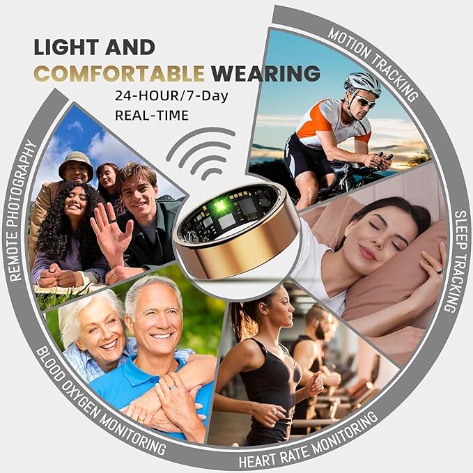 Smart Ring For Women Men, Health Tracker with Heart Rate/Blood Oxygen/Blood Pressure/Sleep Monitoring/Step Counting, IP68 Waterproof Fitness ring, No App Fees for iPhone & Android (Black, 10#)