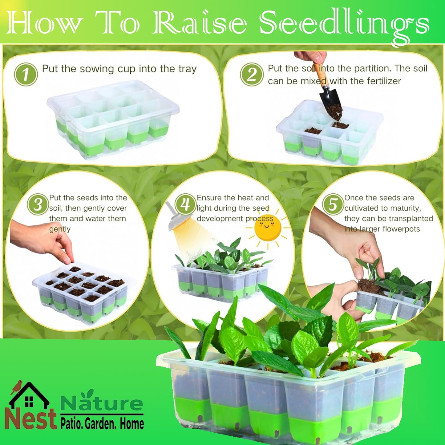 5-Pack Flexible Germination Trays,Reusable 60Cell Seed Starter Trays With Humidity Dome & Lids , Flexible Pop-Out Design, BPA-Free Silicone Seedling Kit & Dishwasher Safe for Herbs/Vegetables/Flowers