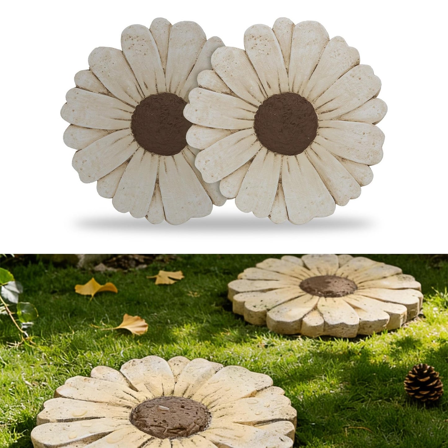 Landoraloria 2 Pack Daisy Cement Stepping Stones 10 Inch, Heavy Duty Garden Pathway Stones, Non Slip Outdoor Walkway Decor for Yard Patio Lawn, Weather Resistant Cement Stepping Stones (White)