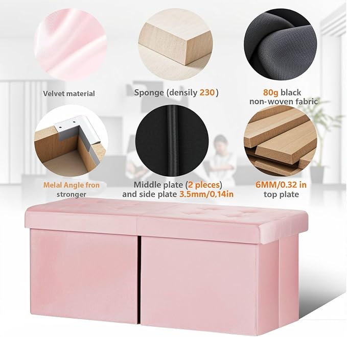 AmasSmile Footrest Ottoman Bench with Storage,34Inch Pink Velvet Footstool, Coffee Table, Padded Seat, Storage Chest,Blanket Store with Flipping Lid for Livingroom and Bedroom