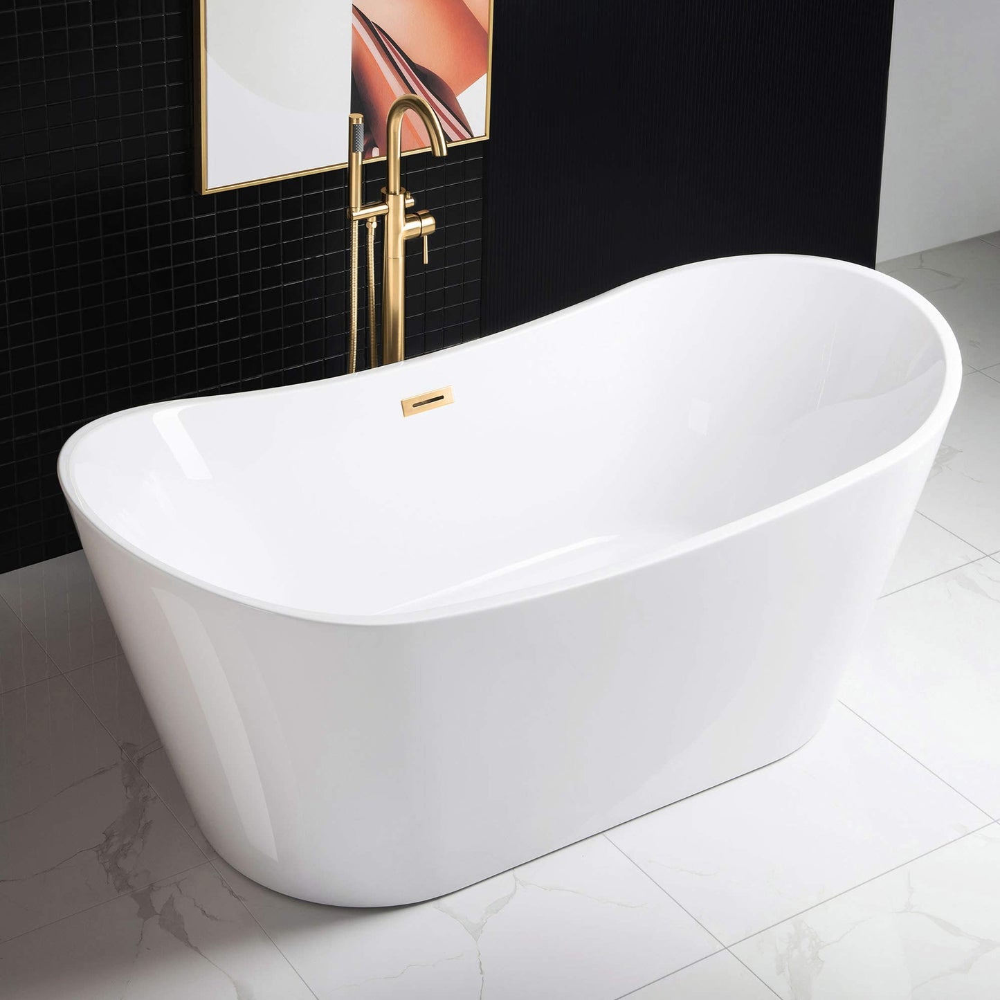 WOODBRIDGE 67" Acrylic Freestanding Bathtub Contemporary Soaking White Tub with Brushed Gold Overflow and Drain，BTA1515-BG-Drain&O