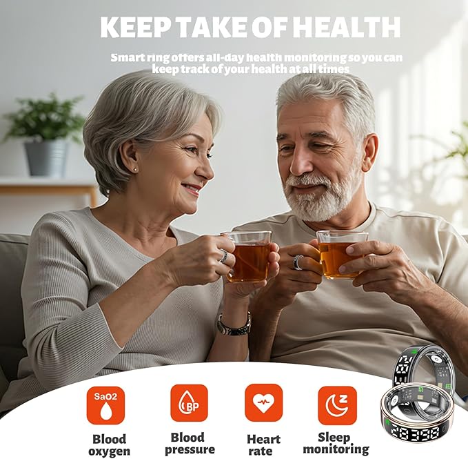 Smart Health Ring for Women Men, Smart Ring Fitness Tracker for iOS Android, Heart Rate, Blood Oxygen, Blood Pressure, Sleep Monitoring,5ATM Waterproof, No Subscription Fee (Black, 12#)