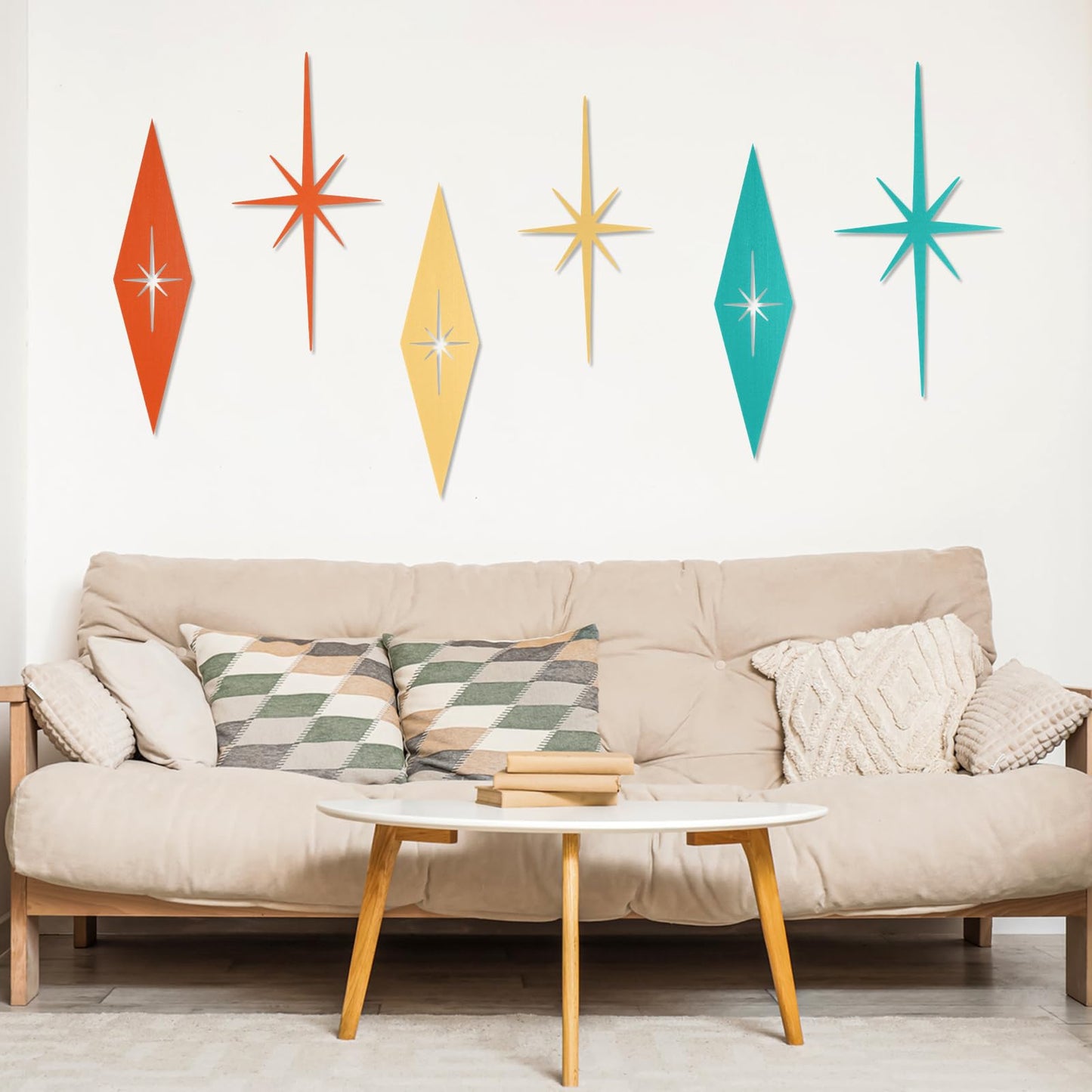 Otoolling 6 Pcs Starburst Modern Mid Century Wall Art Cast Iron Retro 3D 8 Pointed Atomic Star Retro Wall Metal Home Decor Elegance Accents Easy Install Finish Hangings for Office Room