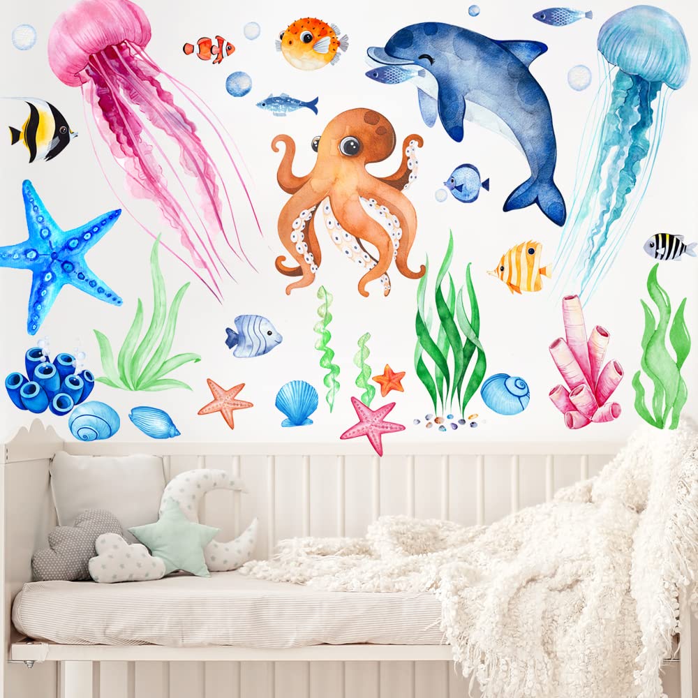 4 Sheets Ocean Fish Wall Decals Stickers Sea Wall Decal Stickers Removable Sea Life Marine Animal Sticker Underwater Ocean Creatures Decor for Kids Girls Boy Nursery Bedroom Bathroom