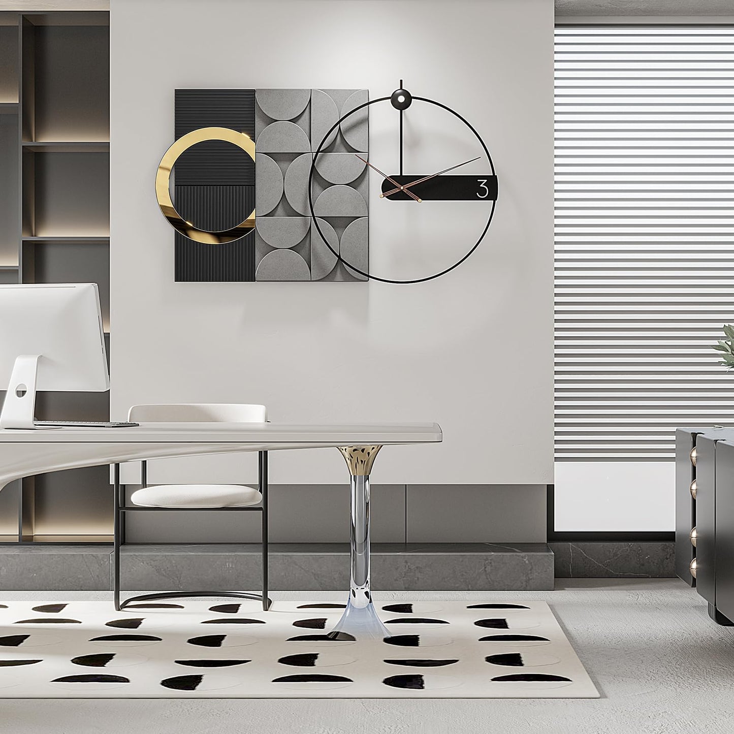 Mid Century Modern Wall Clock 3D Luxury Large Geometric Silent Non Ticking for Living Room Oversized Boho Farmhouse Mechanism, Big Unique Metal Fancy Clock Wall Decor for Bedroom Kitchen, Black 30×18"