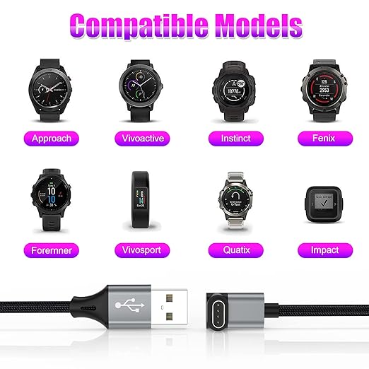 AGVEE 2 Pack 6.6ft Charger for Garmin Watch, L-Shape Charging Cable for Fenix, Forerunner, Vivoactive, Instinct, Venu, Tactix, Approach, D2, Quatix Series, Right Angle Braided, Dark Gray