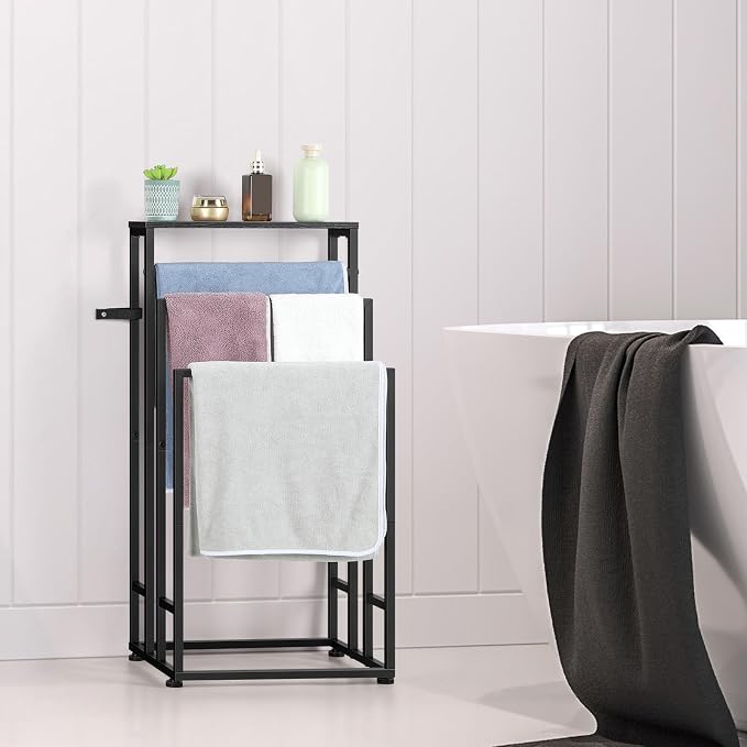 Freestanding Towel Rack for Bathroom 3 Tier Metal Floor Towel Stand Industrial Blanket Ladder Holder with Storage Shelf for Bedroom Living Room, Black