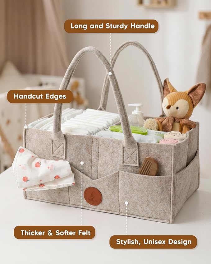 Maliton Baby Diaper Caddy Organizer for Changing Table, Nursery Storage Bin Basket with Handle, Felt Diaper Organizer Suitable for Indoor Outdoor (Khaki)