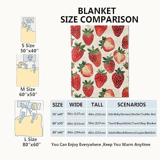 Strawberry Blanket,Sweet Juicy Red Fruit Throw Blankets,Gifts for Kids & Foodies & Summer Lovers,Lightweight Soft Fleece,for Picnic Sofa Couch Bed Room Travel,Birthday Decor,60x80in