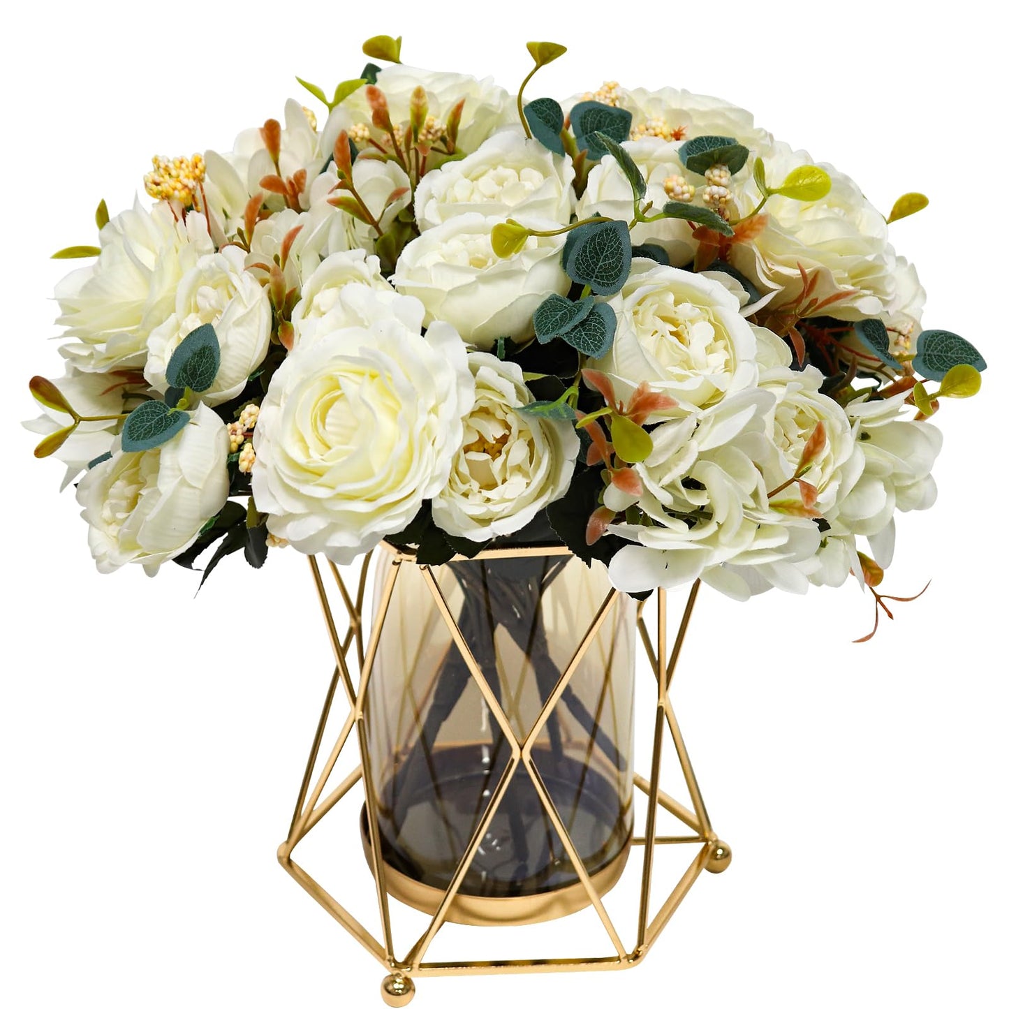 Faux Flowers with Vase, Silk Peony Bouquet Artificial Flowers in Vase, Fake Flowers Floral Arrangement for Home Decor Indoor, Table Centerpieces Flowers Decoration for Farmhouse (White Peony)