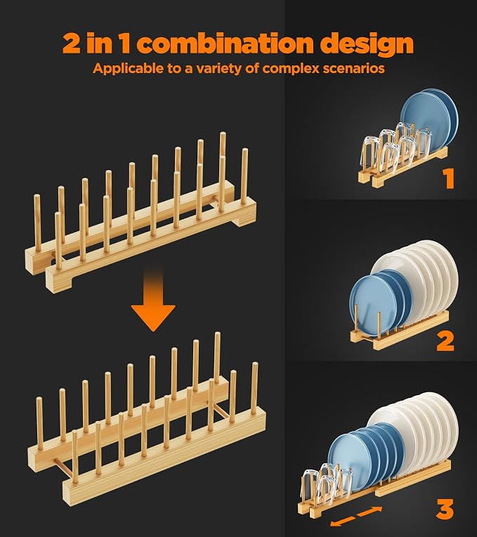 Dish Rack, Flexible Bamboo Dish Drying Rack Pot Lid Plate Stand Holder Adjustable Vertical Organizer Storage for Kitchen Cabinet Dish, Pot Lid, Bowl, Cup