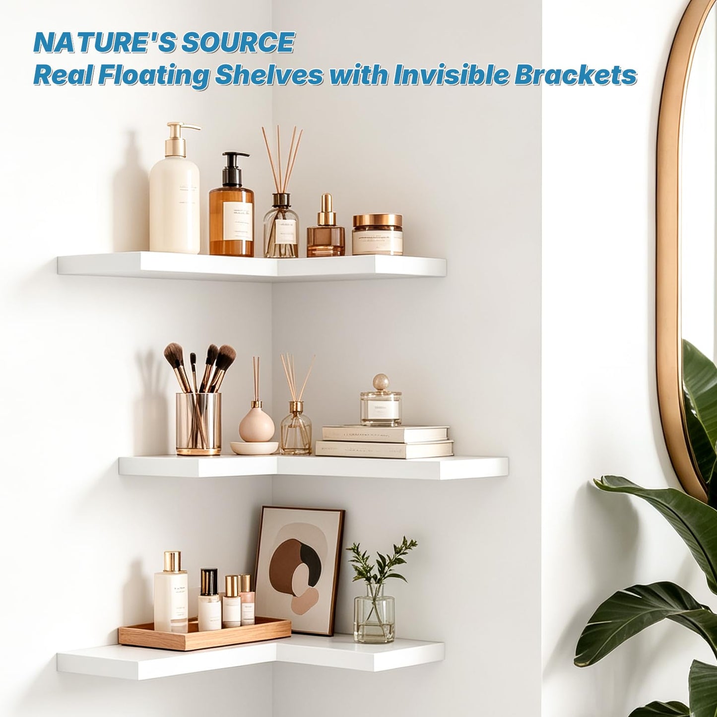 NATURE'S SOURCE Floating Corner Shelves with Invisible Brackets Set of 3, Corner Shelves Wall Mounted, for Home Bedroom Bathroom Kitchen Living Room Office- 16.1" x 11.5" (Pure White)