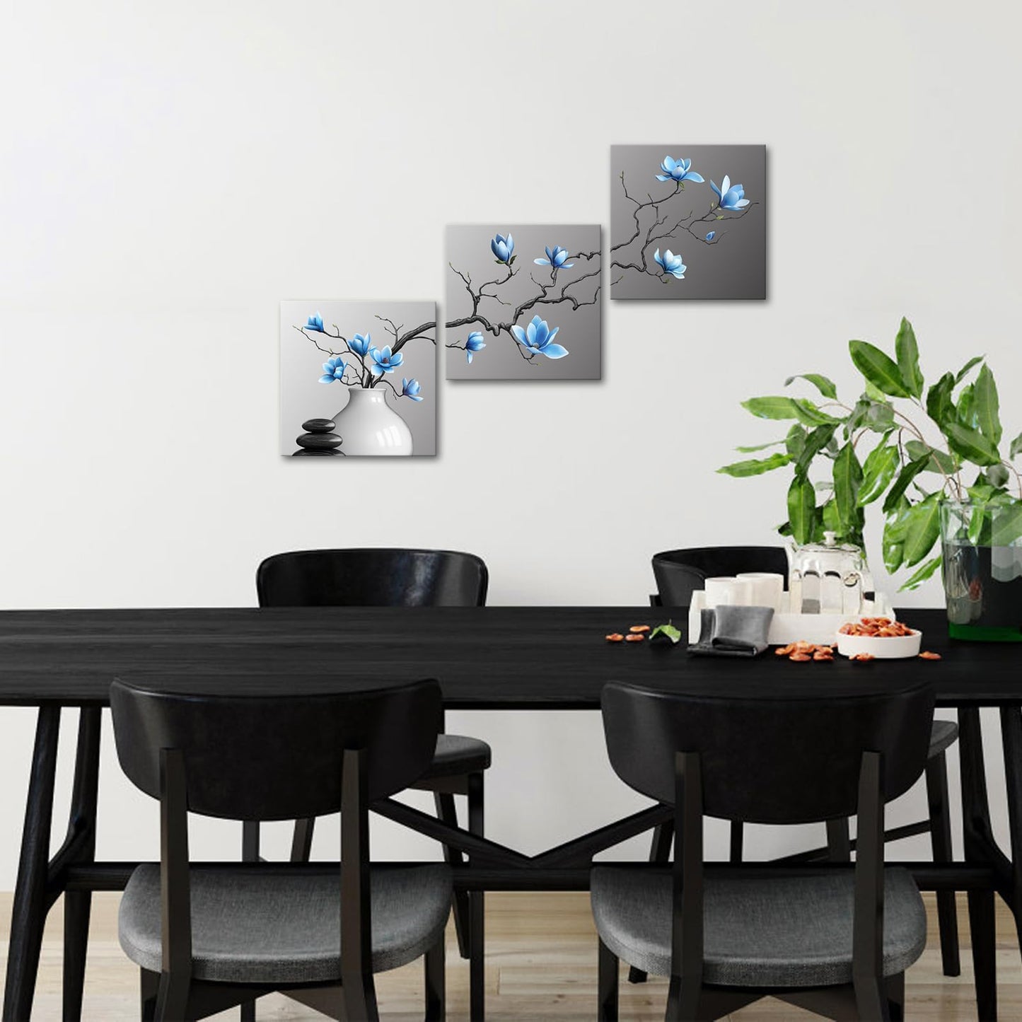 Artsbay Magnolia Wall Art Blue Floral Canvas Prints Zen Stones Picture for Bathroom Bedroom Living Room 12" W x 12" H x 3PCS