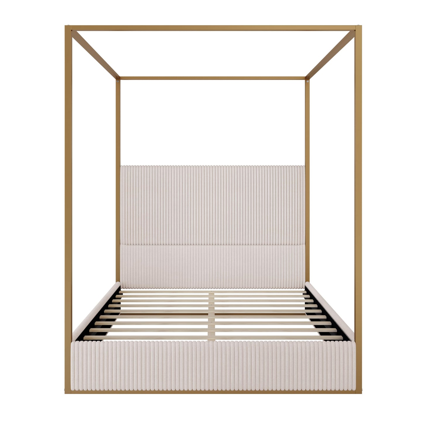 Merax Modern Luxury Queen Metal Canopy Bed with Tall Upholstered Headboard, Gold Four Poster Bed, No Box Spring Needed, Beige