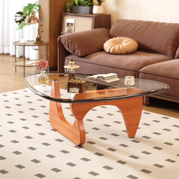 Coffee Table for Living Room Mid Century Modern Center Small Table with Glass Top and Wood, Walnut Transparent(45 Inch)
