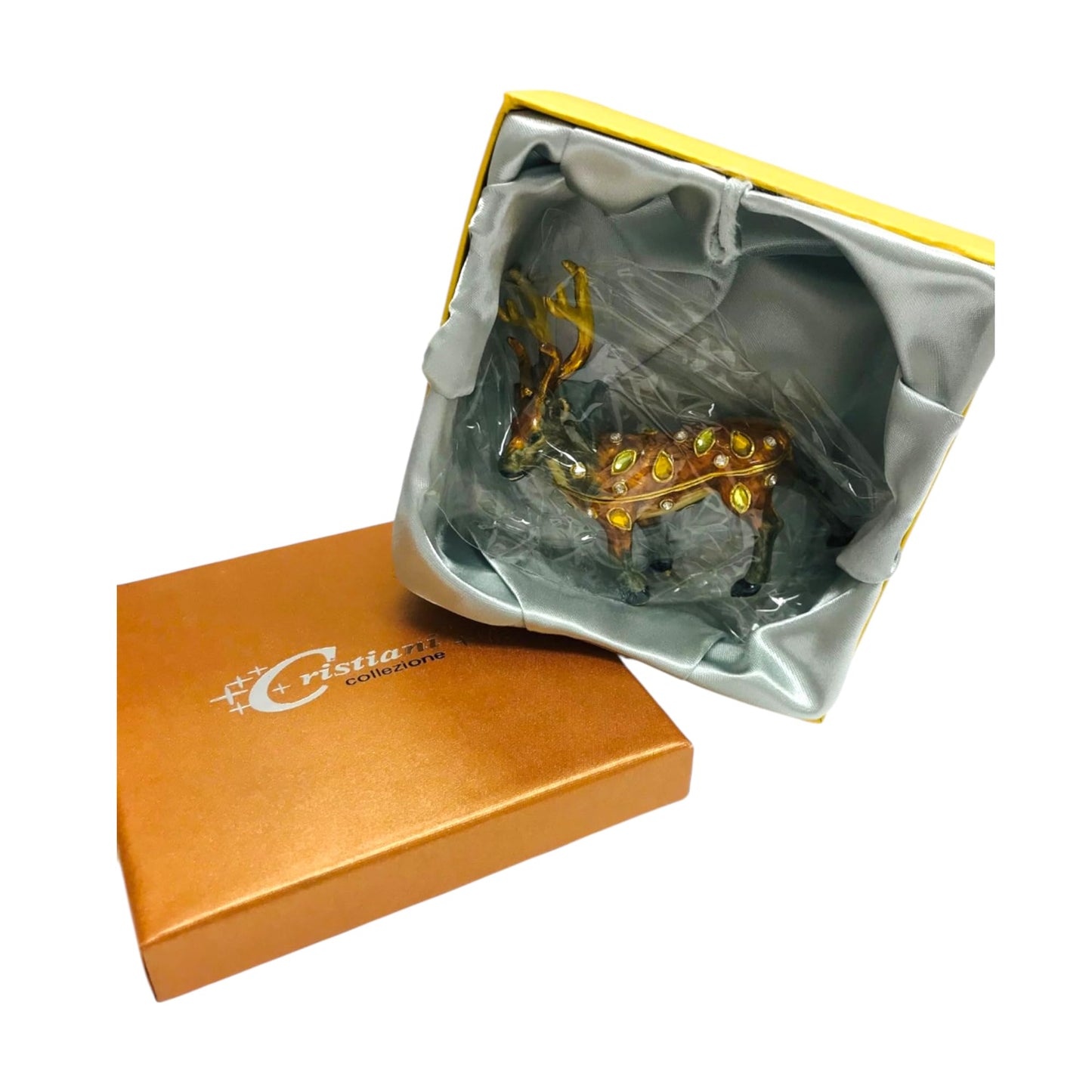 Cristiani Collezione Hand Crafted 14k Gold Plated Peweter Decorative Reindeer Figurine with Crystal Accents, Holiday Home Decor, ideal for Small Jewelry, Kids First Tooth