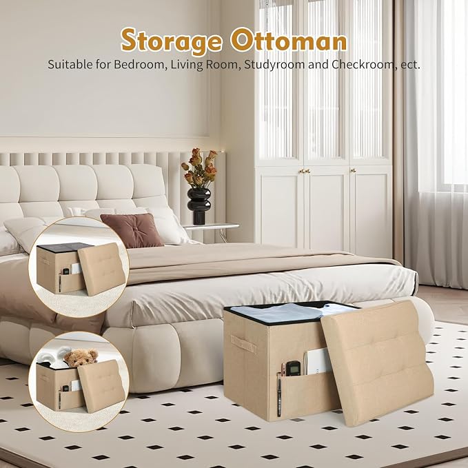 BelugaHelper Ottoman with Storage, Small Storage Ottoman Foot Rest with Thicker Foam Padded Seat. Foldable Linen Cloth Foot Stool for Living Room Bedroom, Holds Up to 300 lbs, 17x13x13IN(Beige)