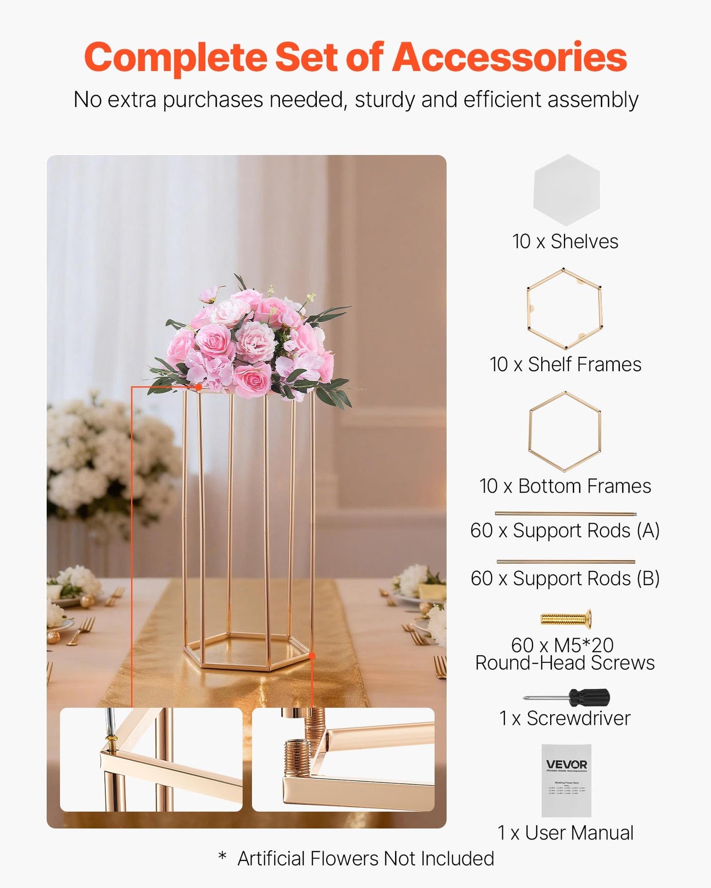 VEVOR Wedding Flower Stand, 10PCS 23.62-inch Column Flower Stand, Floral Stands with Acrylic Laminate, Hexagonal Cubic Floral Display Rack for Wedding, Party, Birthday, Home,French Gold Stands