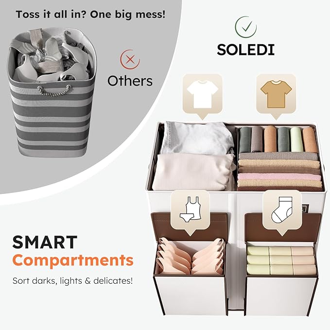 SOLEDI Double Laundry Hamper with Lid, 47.8 Gal (180L) Large Laundr Basket 2 Section with 2 Side Pockets, Dirty Clothes Hamper with Removable Bag, Easy to Carry for Laundry Room, Bedroom, Beige