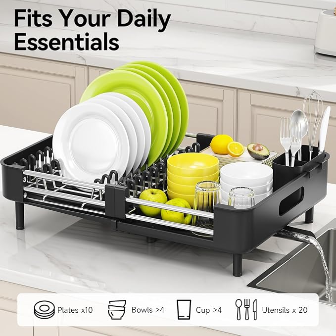 Urackify Stainless Steel Dish Drying Rack - Dish Drainer for Kitchen Counter, Extendable Drainboard with Foldable, Space-Saving Cup & Bowl Organizer, Includes Knife and Utensil Holder, Black