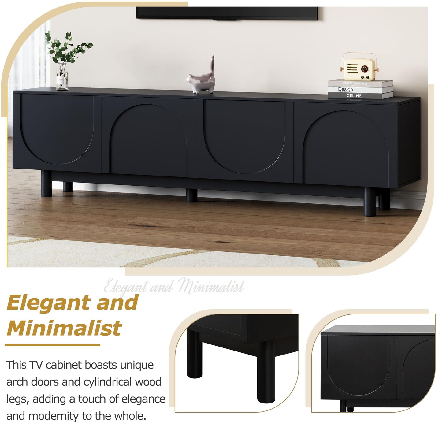 Merax Modern TV Stand with Arch Cabinets, Solid Wood Legs & Adjustable Shelves | Entertainment Center with Cable Management for Living Room, Black