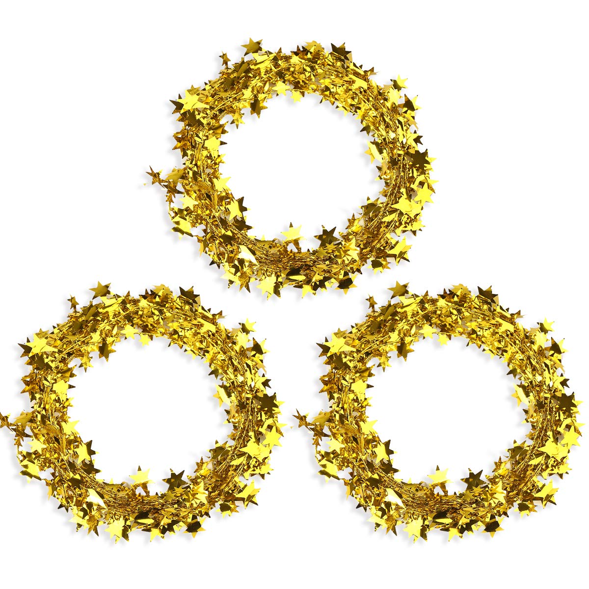 75 Feet Star Tinsel Garlands with Wire, Christmas Star Wire Garland Decorations for Xmas Tree Home Wedding Birtahday Party Festive Ornament, Golden, 3 Pack