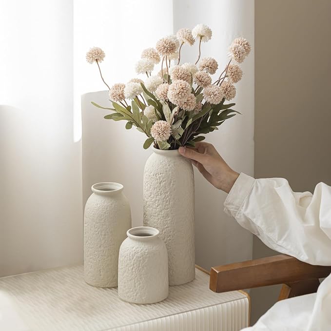 Large Decorative Ceramic Vase Set, 3 Pieces, Nordic Modern Boho Style, Berge Color, Modern Farmhouse for Home Decor (XL Beige Texture)