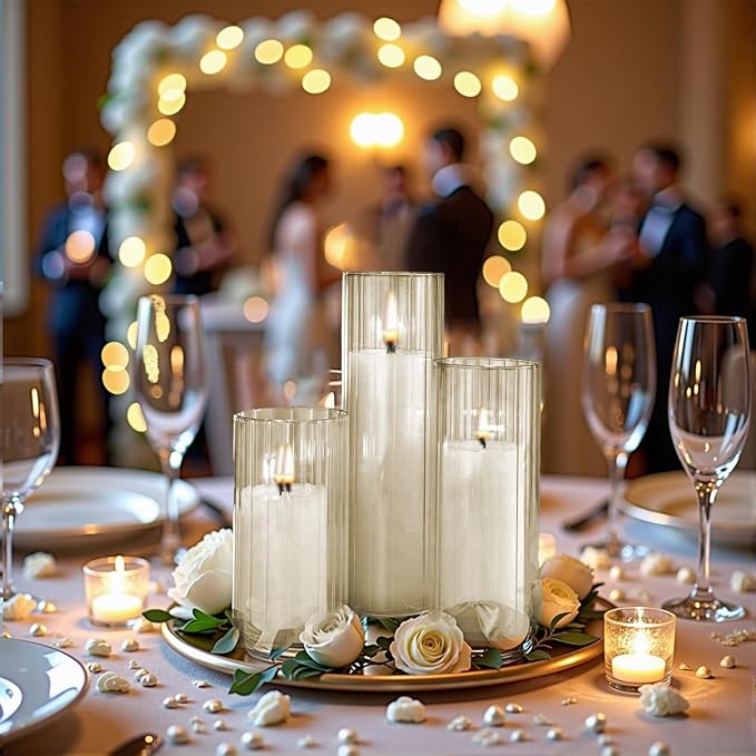 Set of 12 Elegant White Pillar Candles with Clear Ribbed Glass Holders?“Perfect for Weddings, Parties, Events, and Home Decor?“Long-Lasting Burn, Stylish Centerpieces, and Versatile Use