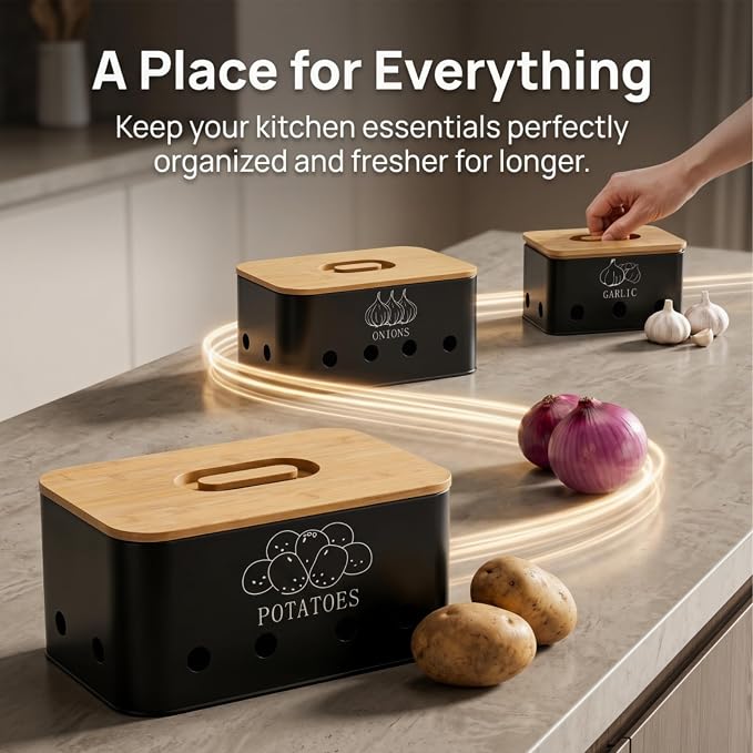3 Pack Potato Onion Garlic Storage Set, Metal Vegetable Storage Bins with Aerating Holes Bamboo Lids, Large Capacity Kitchen Canister Black Food Container for Countertop, Pantry