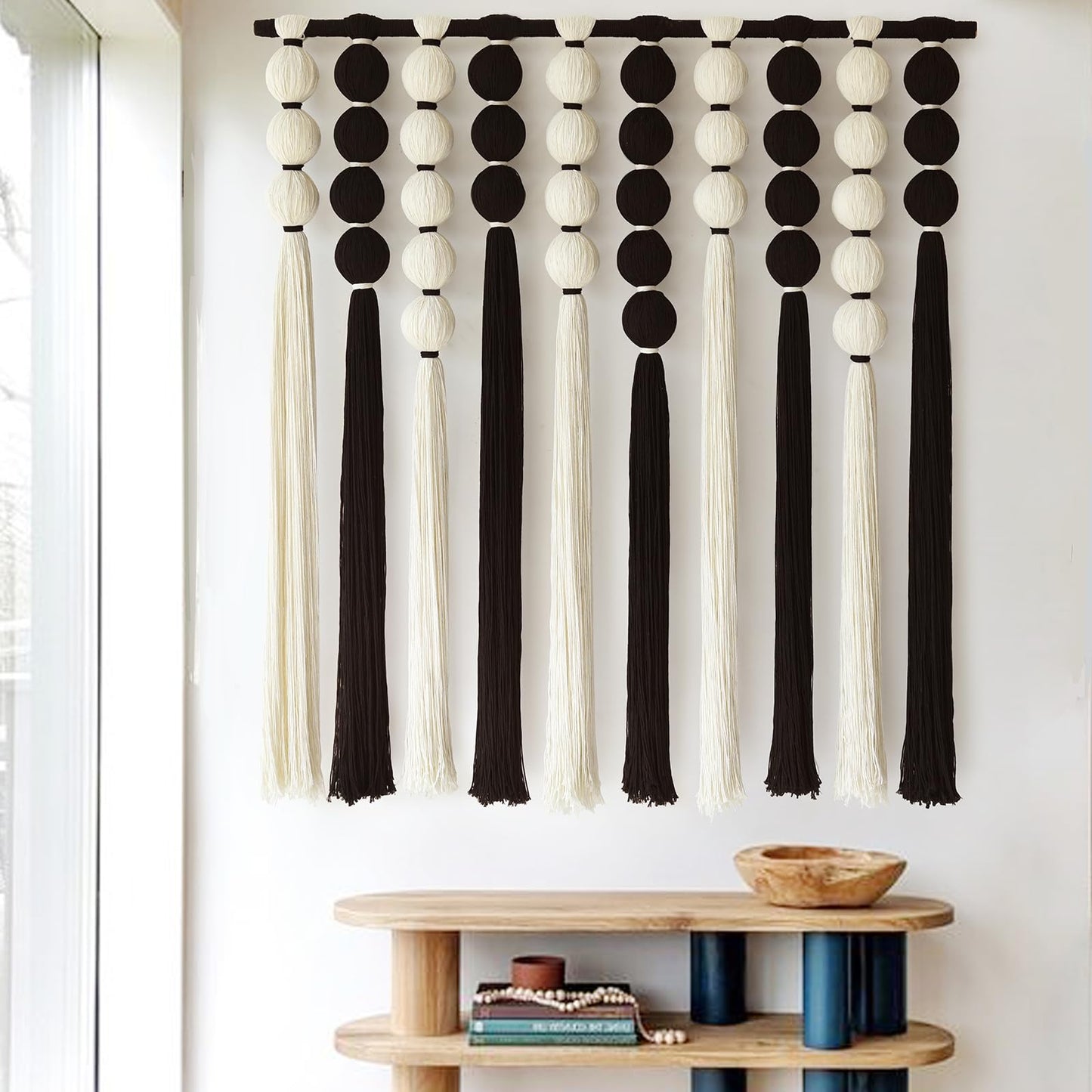 IOWER Large Macrame Wall Hanging Macrame Wall Decor Black and White Sphericity Cotton Textile Wall Hanging Boho Wall Decor Art Fiber Yarn Art Handmade 39" Wx39 L