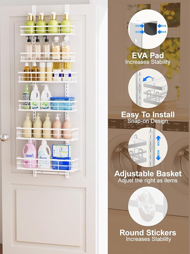 Delamu Over the Door Pantry Organizer, 6 Tier Pantry Door Organizer with Adjustable Basket, Door Spice Rack Seasoning Organizer, Metal Hanging Pantry Organizers and Storage for Kitchen,15.3" White