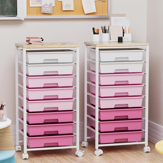 Rolling Cart with 8 Drawers, Storage Drawers Cart with Wooden Tabletop and Lockable Wheels, Craft Storage for Living Room, Office, Classroom, Craft Room, Bedroom