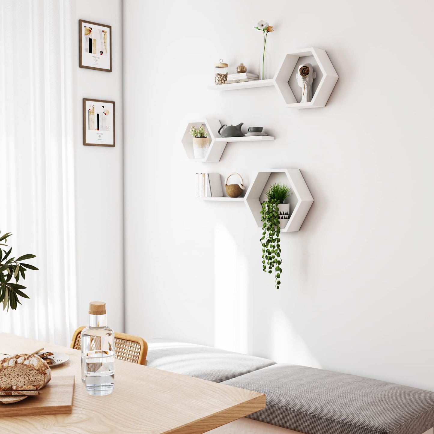 LUDORU Wooden Hexagon Floating Shelves Wall Mounted - Set of 6 Pine Wood Hexagon Shelves Display for Photos,Plants,Rustic Honeycomb Shelves for Living Room, Bedroom,Bathroom, Kitchen, Office, White.