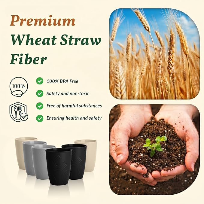 Homienly Wheat Straw Cups Drinking Glasses Set of 6, Unbreakable Plastic Cups Reusable Cups for Kitchen Camping Picnic Dorm Microwave and Dishwasher Safe Water Glasses Drinking Set 12 OZ - GreyStone