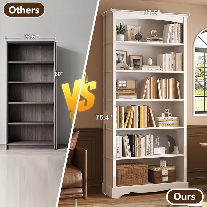 TVU 6-Tier Wooden Bookshelf, 76 Inch Tall Bookshelf with Storage, Floor Standing Modern Style Display Bookcase for Living Room, Office, Study Room, Entryway, White