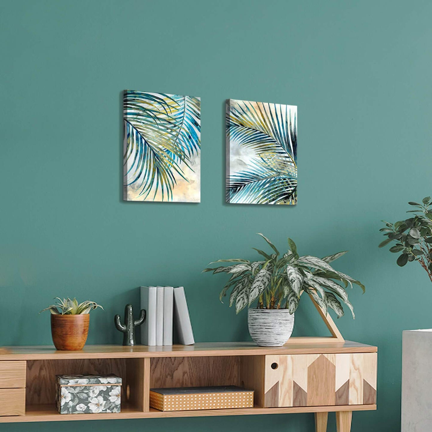 ARTISTIC PATH Abstract Palm Leaves Wall Art: Tropical Ferns Leaf Graphic Art Print on Wrapped Canvas Set for Dining Rooms (11" W x 16" H x 2 PCS,Multi-Sized)