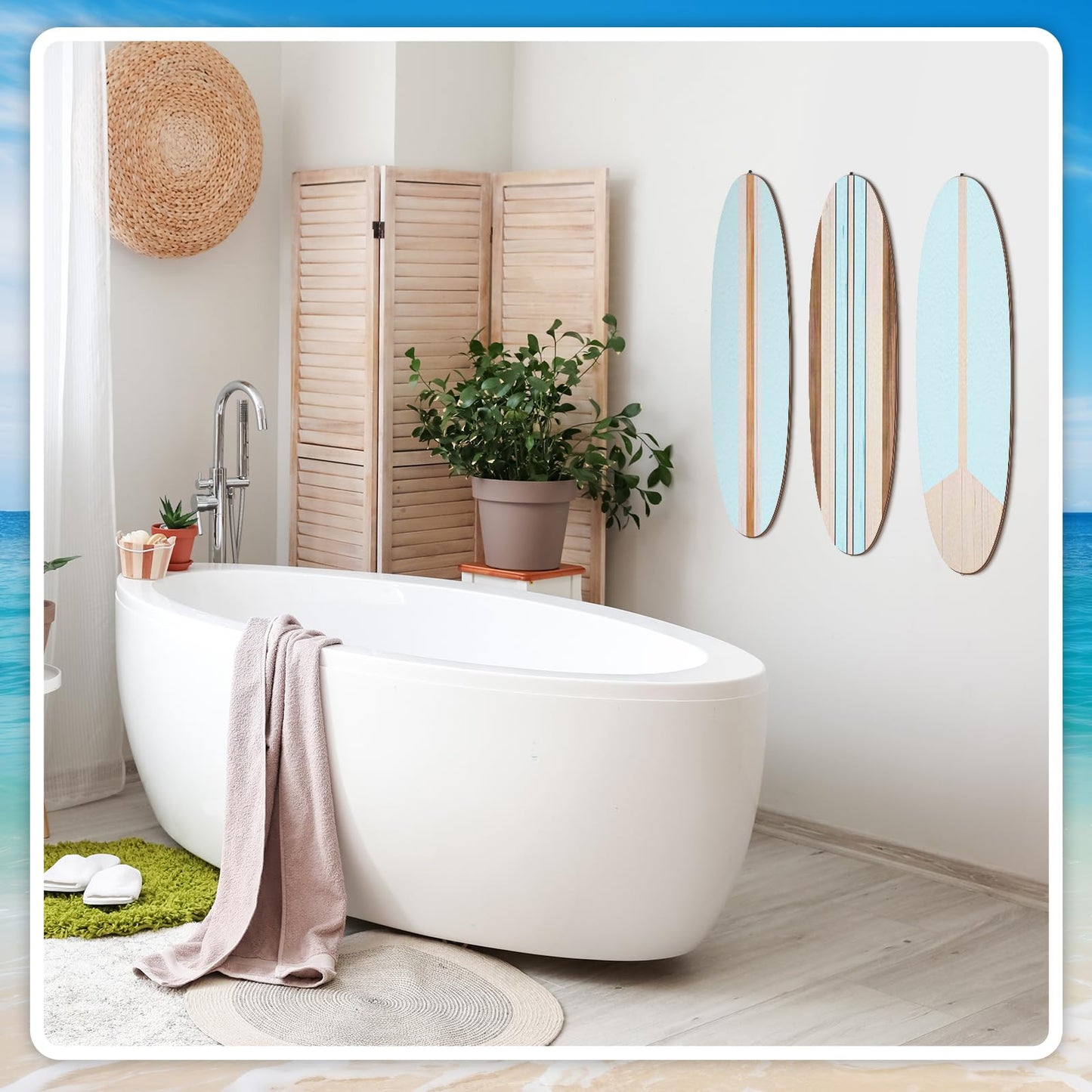 Gerrii 3 Pieces Surfboard Wall Decor 23.6" x 5.4" Preppy Beach Room Decor Aesthetic Large Wooden Cute Beachy Tropical Wall Art for Surfer Bedroom Bathroom Decorations(Blue,Stripe)