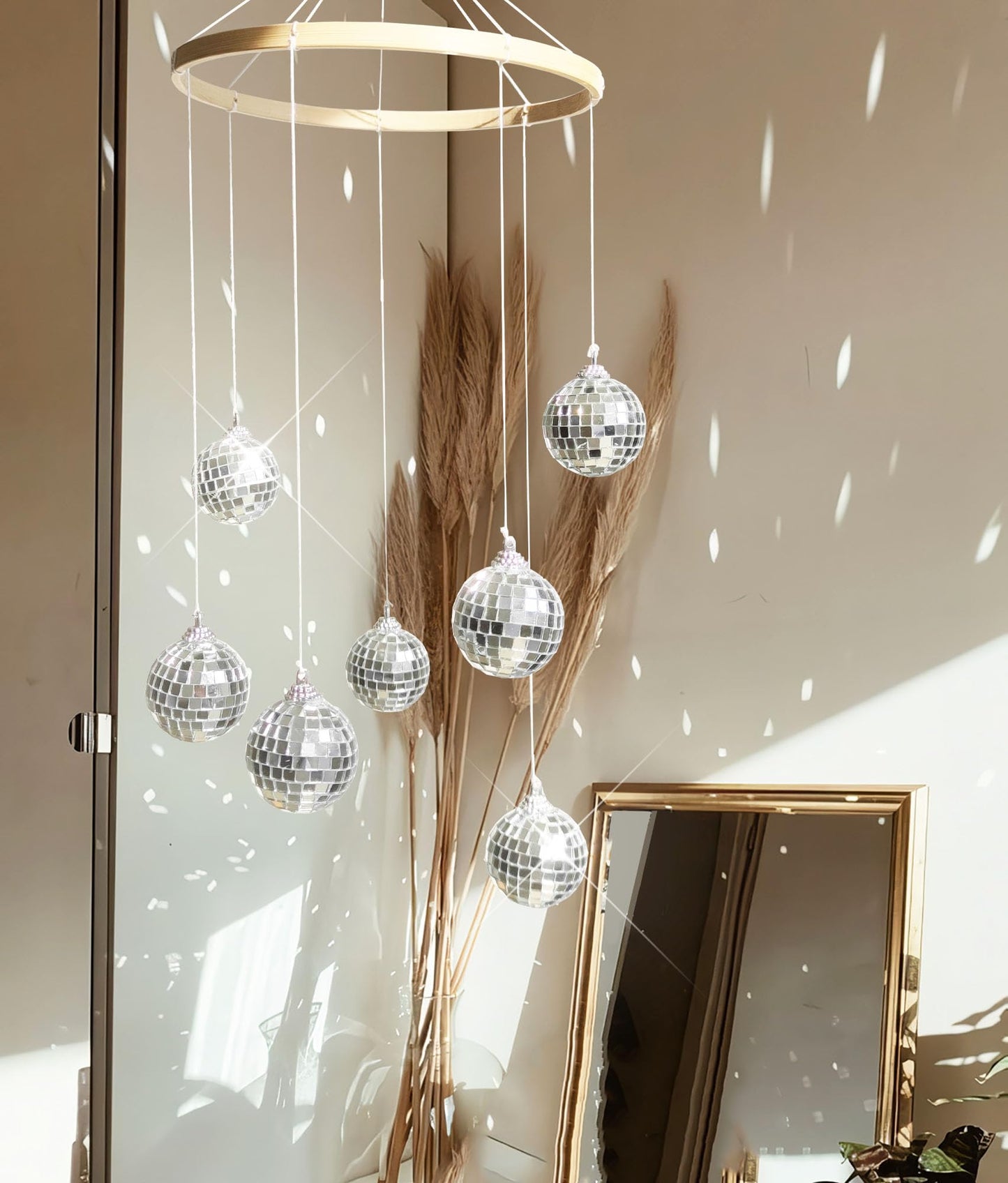 Rodudu Dazzling Disco Ball Mobile, Spiral Spinner Ball, 7.8 Inch Nature Bamboo Circle, Indoor Outdoor Yard Garden Patio Home Decoration for Party Activities Wedding Birthday Music Festival