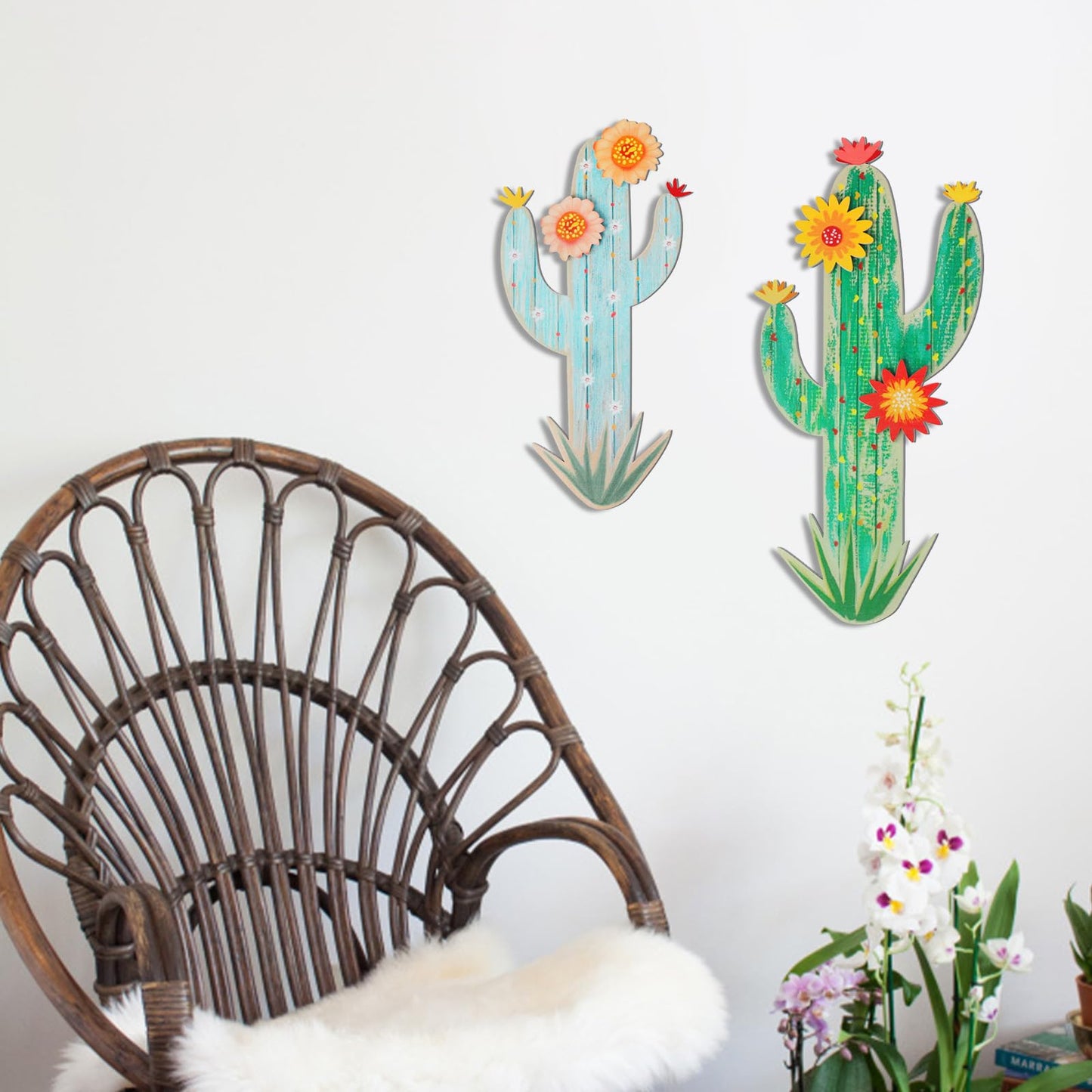 KOYILTD 2 Pcs Cactus Wall Art Wooden Southwestern Decor Western Bathroom Decoration Vivid Cactus Wall Decor for Home Bathroom Bedroom Livingroom Nursery (Vivid, Medium)