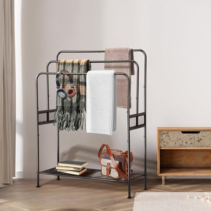 44" Extra Large Free Standing Towel Rack - 3 Tier Outdoor Pool Towel Holder, Versatile Blanket and Quilt Rack Stand for Living Room, Bathroom, Bedroom, Beach, Hot Tub, Gym and Pool Area Outside
