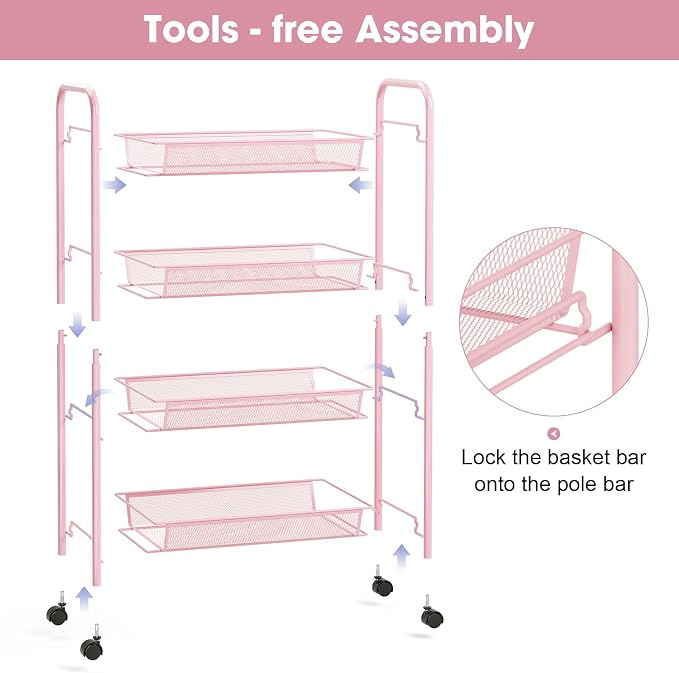 TOOLF 4 Tier Rolling Utility Cart - Durable Metal Design Pink Utility Cart, Storage Trolley on Wheels with 3 Hooks, Perfect for Kitchen, Bathroom & Laundry Room Organization