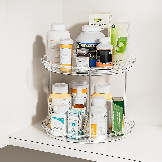 LAMU 2 Tier Lazy Susan Turntable Organizer for Cabinet, 9'' Rotating Spice Rack for Kitchen, Pantry, Countertop, Bathroom, Vanity, Under Sink, Medicine Cabinet Organizer, 1 Pack
