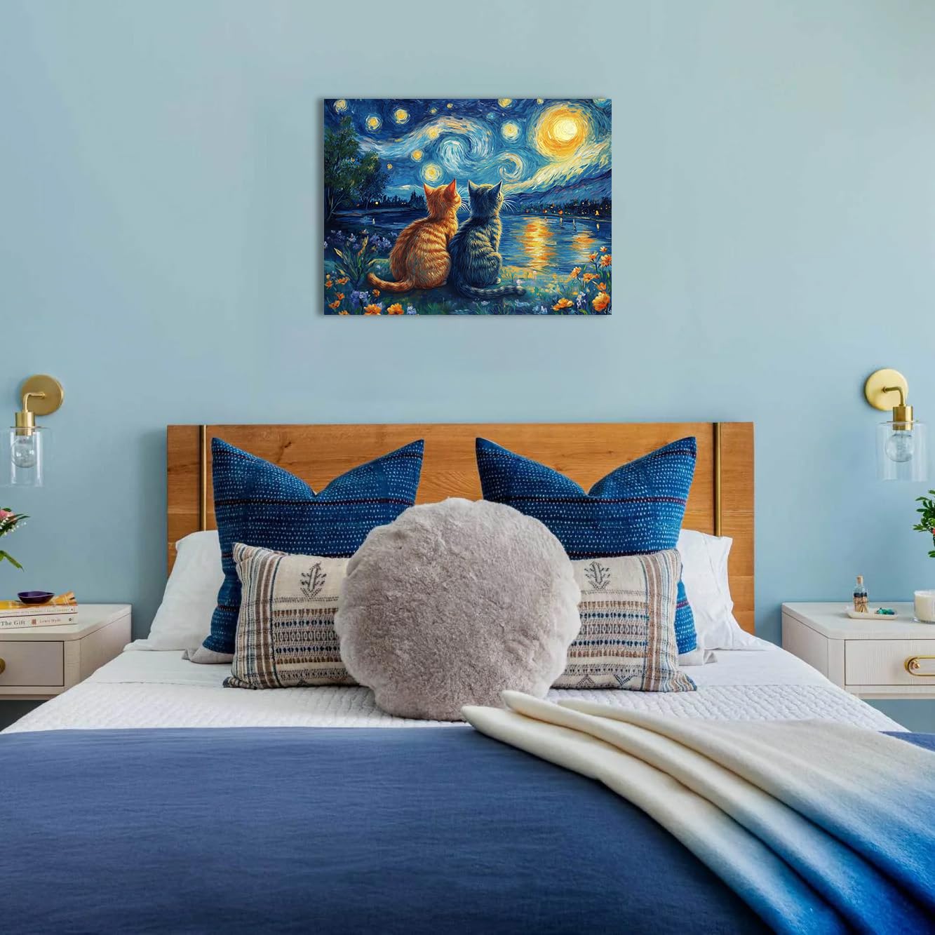 Ypxzzj Van Gogh Starry Night With Cartoon Cats Canvas Wall Art,Night Starry Pictures Paintings Wall Decor, Animal Cats Artworks for Bedroom Living Room Wall Decor Framed Ready to Hang