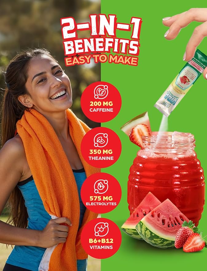Hydration + Energy Electrolyte Drink Mix ??Strawberry Watermelon Agua Fresca Flavor | Sugar-Free Powder with Caffeine, L-Theanine, Coconut Water & Minerals | 15 Single-Serve Stick Packs