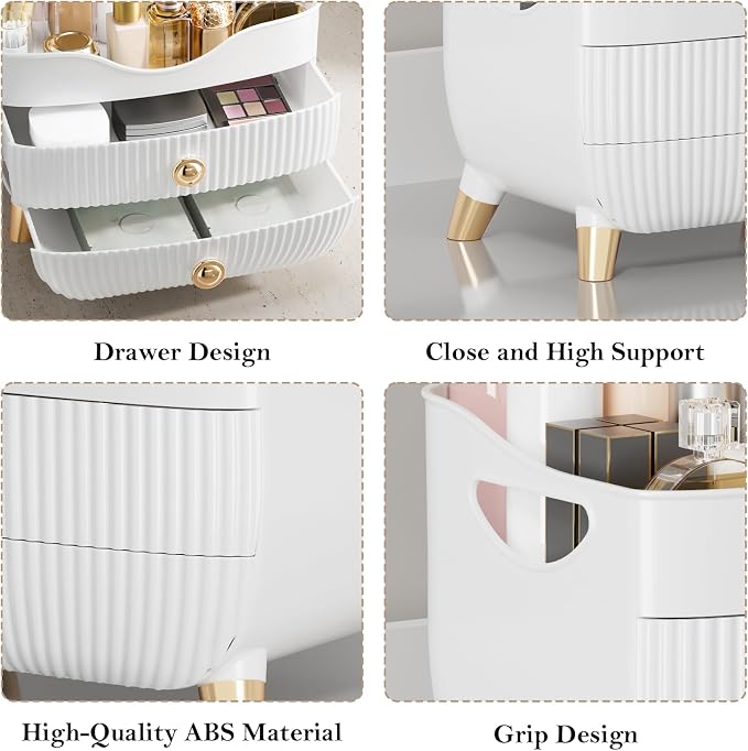 Makeup Organizer Countertop, Large Capacity Skincare Cosmetic Organizer for Vanity with 2 Drawers, Cosmetic Display Cases Makeup Storage Box for Bedroom, Bathroom, Ideal Gifts for Women(White)