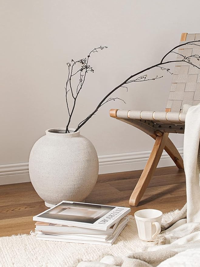White Ceramic Vase - Large 12.5 Inch Round Floor Vase for Centerpieces, Farmhouse Flower Vases, Rustic Minimalist Home Decor (Sandstone White)