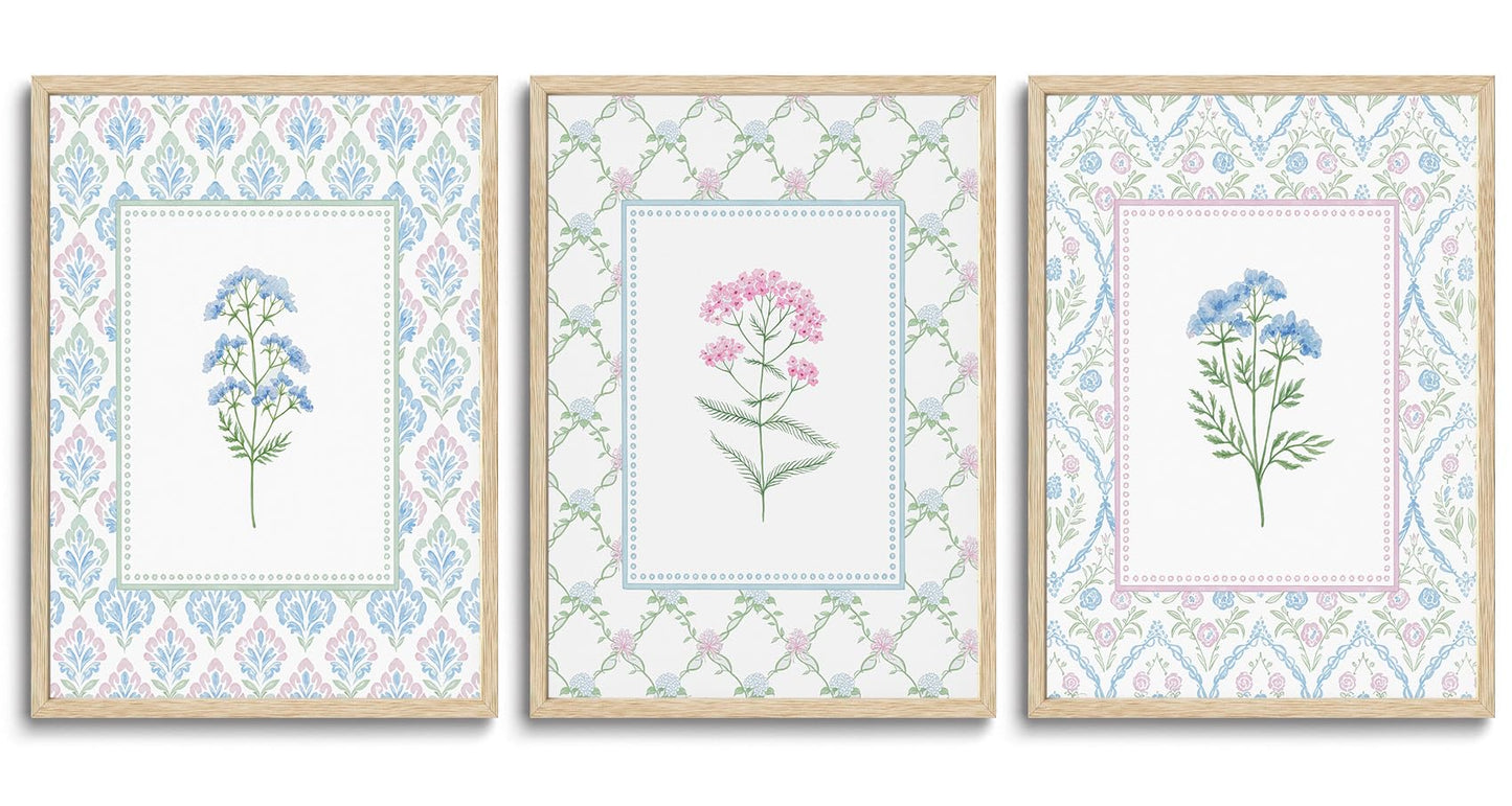 CHMMART 3 Piece Pastel Wildflower Framed Wall Art Nursery Floral Canvas Art Prints Pink Blue Botanical Pictures Wall Decor Boho Flower Painting Artwork for Bedroom Bathroom 12x16in