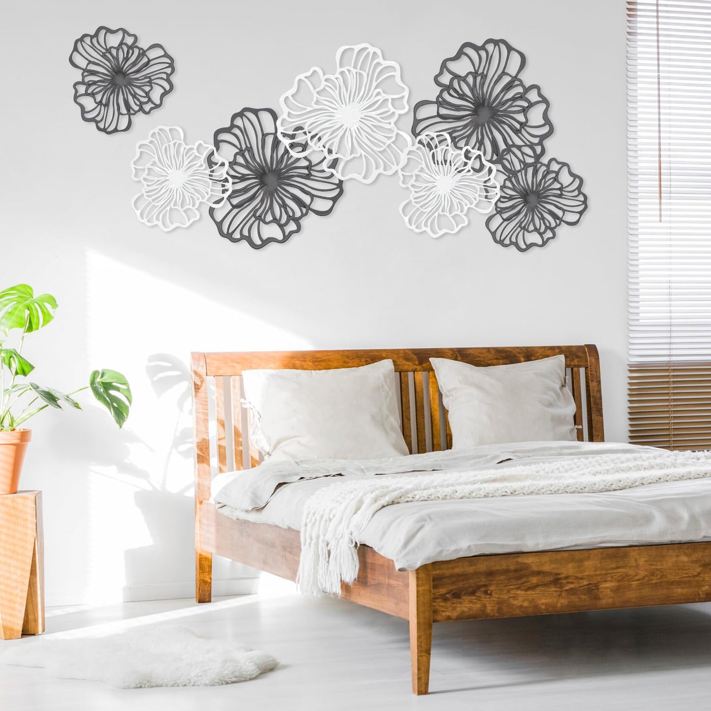 7 Piece Metal Wall Decor for Living Room, Boho Double Layered Iron Flower Wall Hanging Art, Aesthetic Indoor Metal Wall Sculpture Decor for Bedroom Kitchen Bathroom Farmhouse Home Office, Black-White